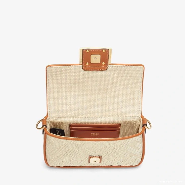 Cheap Mini Straw Baguette Beige Bag In Fendi Motif FF 0814